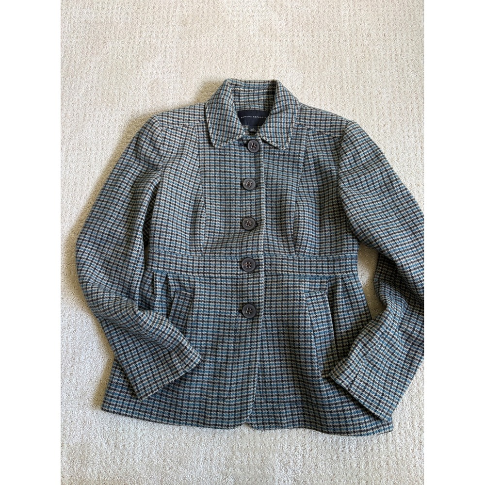 Banana Republic Jacket Womens 4 Blue Houndstooth Peplum Linen Wool Academia